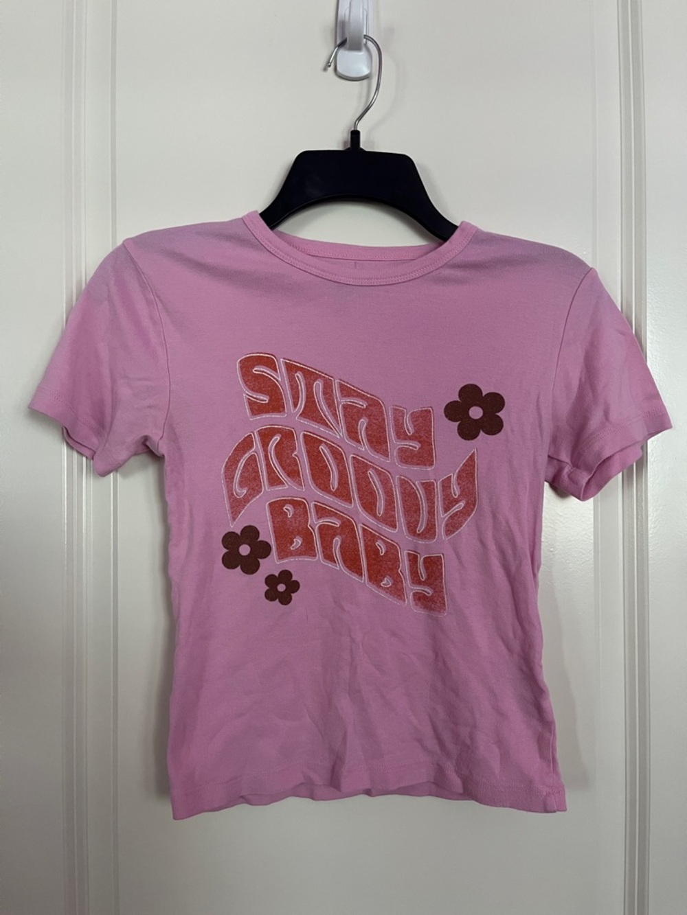 Y2K Pink Baby Tee Sweet Groovy Baby Graphic Retro Fitted T Shirt Size S
